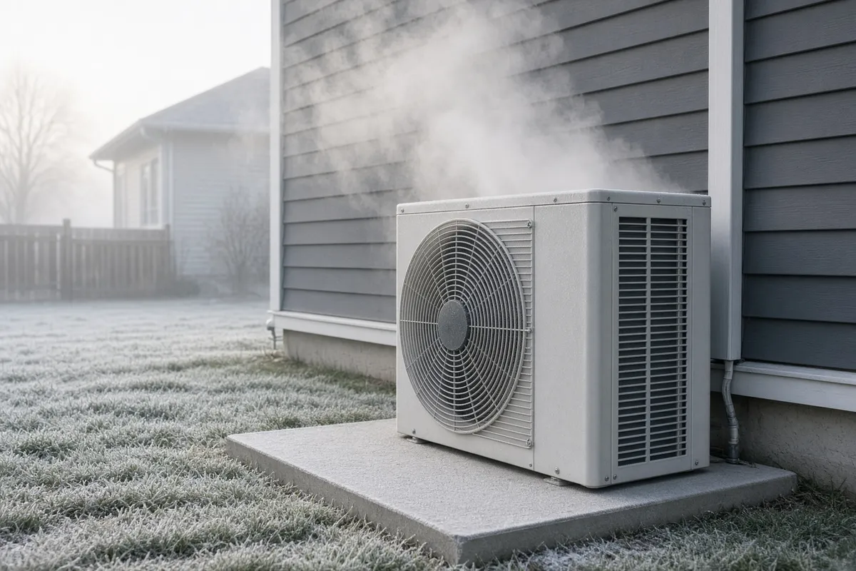 Heat pump in defrost: steam rising from the outdoor unit is normal.